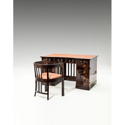 DESK AND CHAIR "MÜNCHEN" from
FURNITURE FOR A GENTLEMEN’S STUDY
consisting of: bookcase, desk and chair, side table, long case clock
